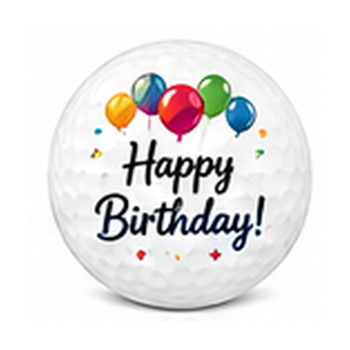 Golf ball with 'Happy Birthday!' text and colorful balloons on a white background