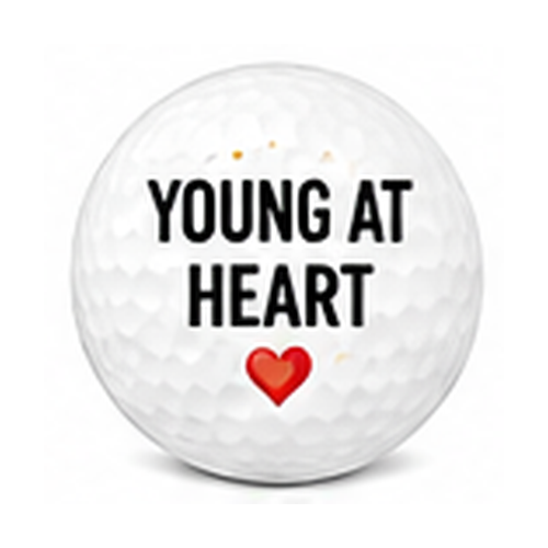 Golf ball with 'Young at Heart' text and red heart on a white background