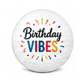 Round white object with 'Birthday Vibes' text and colorful confetti on a white background