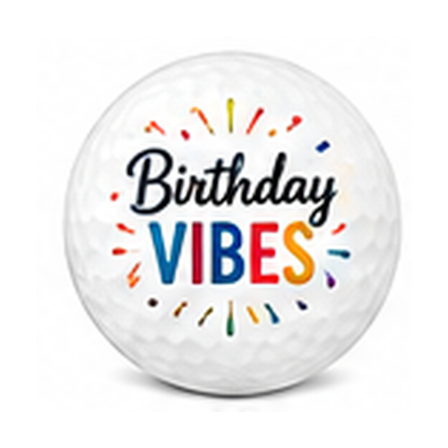 Round white object with 'Birthday Vibes' text and colorful confetti on a white background