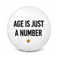 Golf ball with 'Age is just a number' text on a white background