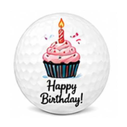 Golf ball with a birthday cupcake design and 'Happy Birthday!' text on a white background