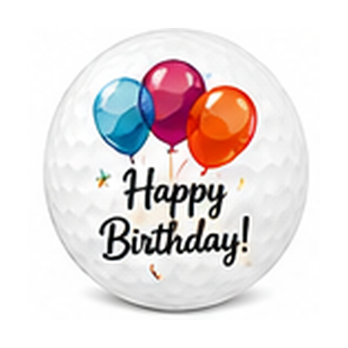 Golf ball with colorful balloons and 'Happy Birthday!' text on a white background