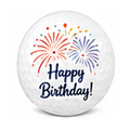 Golf ball with colorful fireworks and 'Happy Birthday!' text on a white background