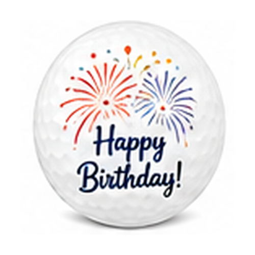 Golf ball with colorful fireworks and 'Happy Birthday!' text on a white background