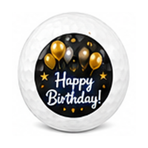 Round decorative item with 'Happy Birthday!' text and gold balloons on a black background.