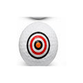 White golf ball with a red and black target design on a white background