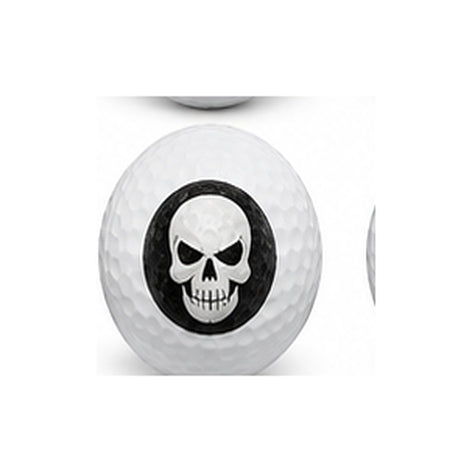 Golf ball with a skull design on a white background