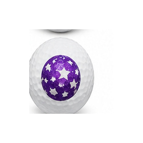 Golf ball with a purple star pattern on a white background