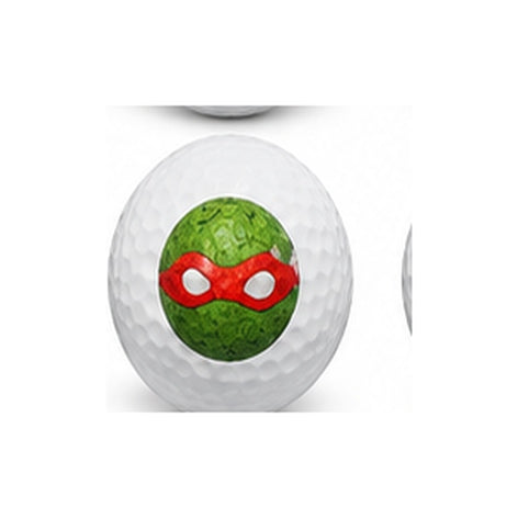 Golf ball with a green face and red mask on a white background