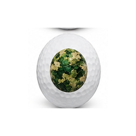 Golf ball with a camouflage pattern on a white background