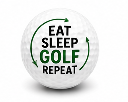 Golf ball with 'Eat Sleep Golf Repeat' text on a white background