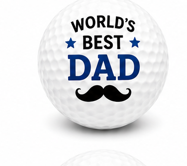 Golf ball with 'World's Best Dad' text and mustache graphic on a white background
