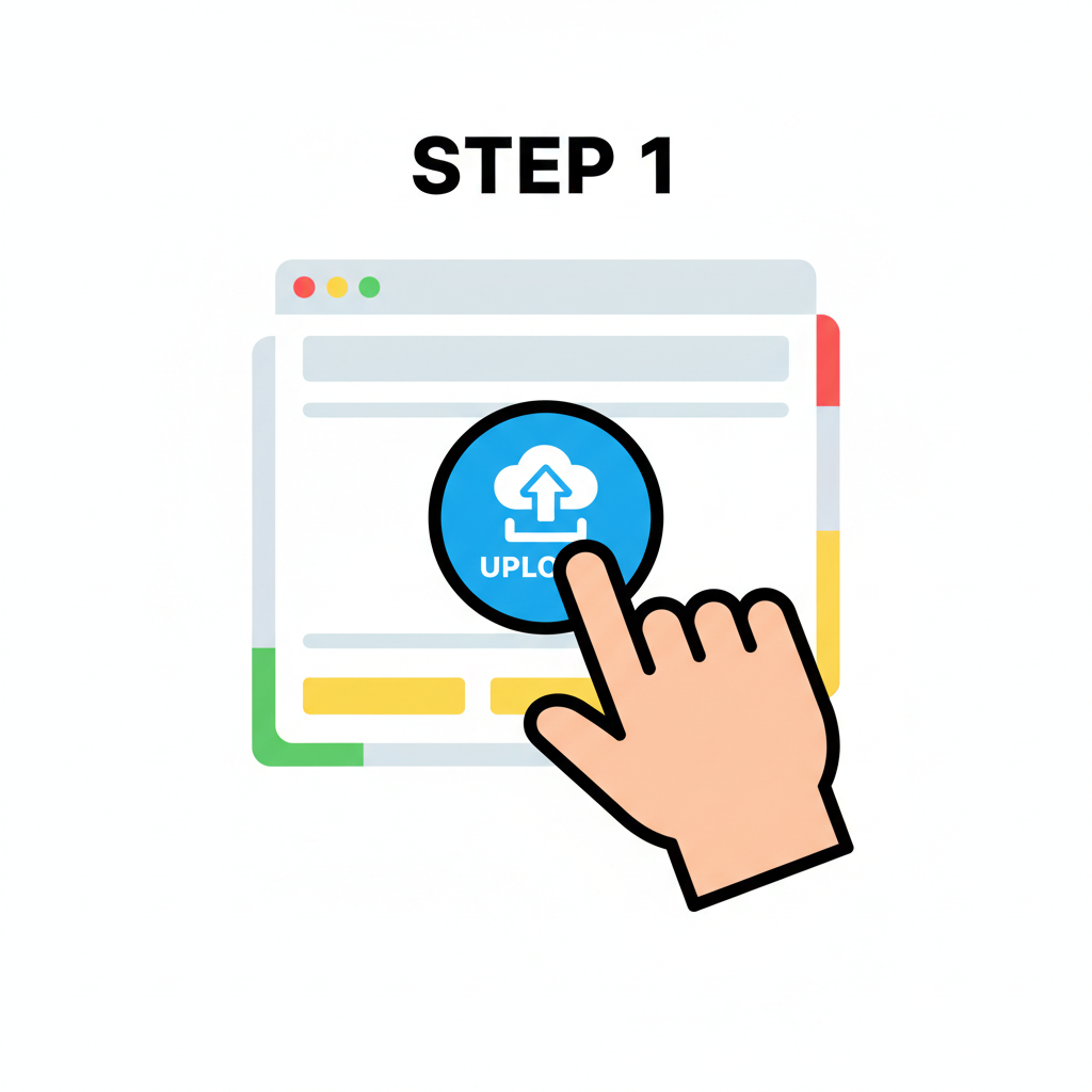 Illustration of a hand clicking a blue upload button on a computer screen with 'Step 1' text.
