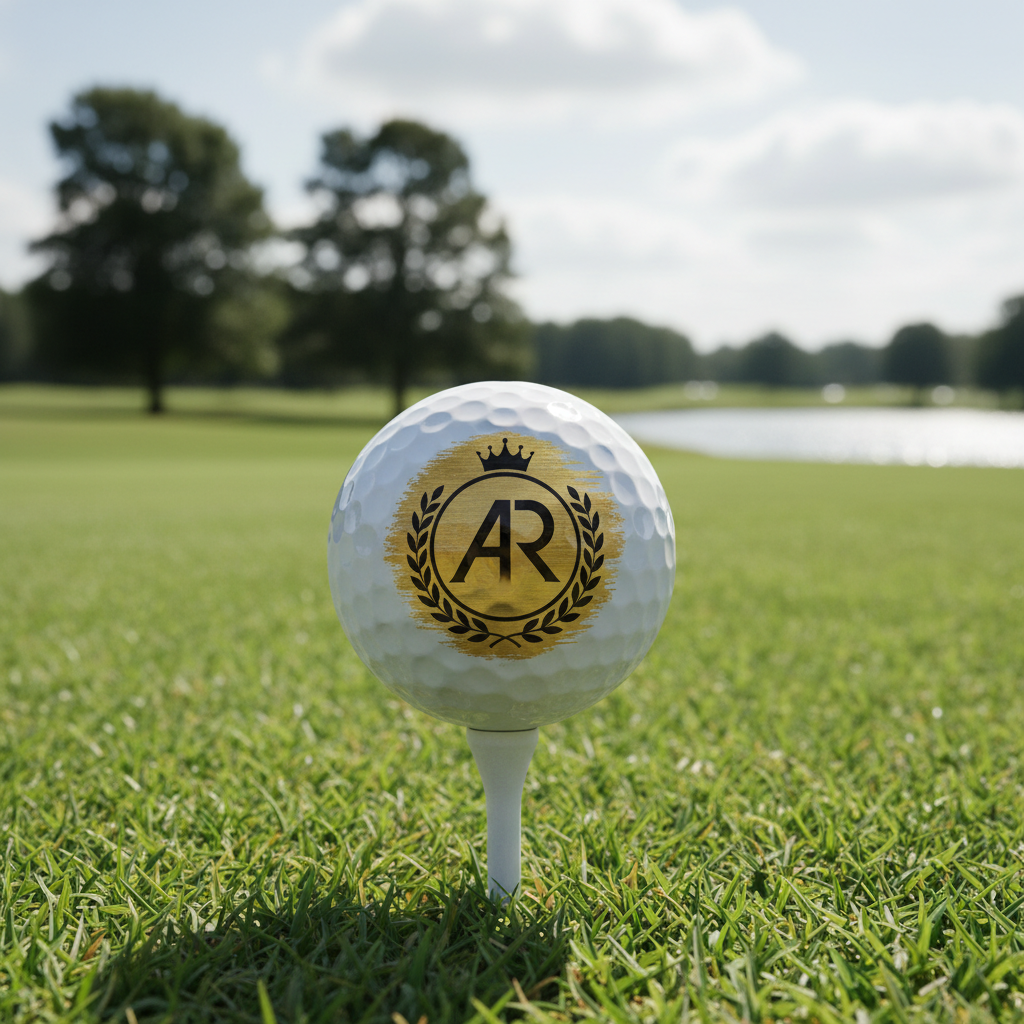 Golf ball with a logo on a tee in a grassy field with trees and water in the background