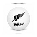White rugby ball with New Zealand Rugby logo on a white background