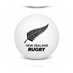 White rugby ball with New Zealand Rugby logo on a white background
